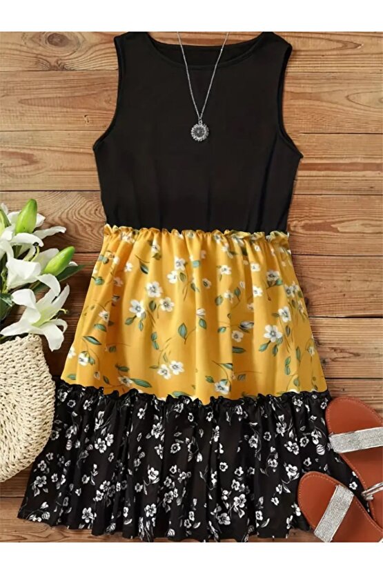 Moda Shop & Butik Kadın Askılı Yuvarlak Yaka Çiçek Baskılı Salaş Süprem Elbise