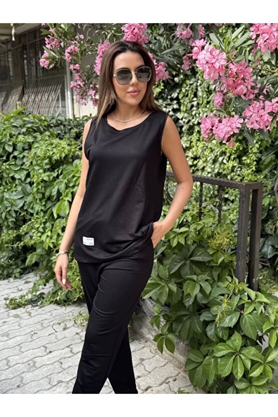 Kadın Askılı Yuvarlak Yaka Viskon Iki Iplik Bluz Ve Eşofman Altı Ikili Takım