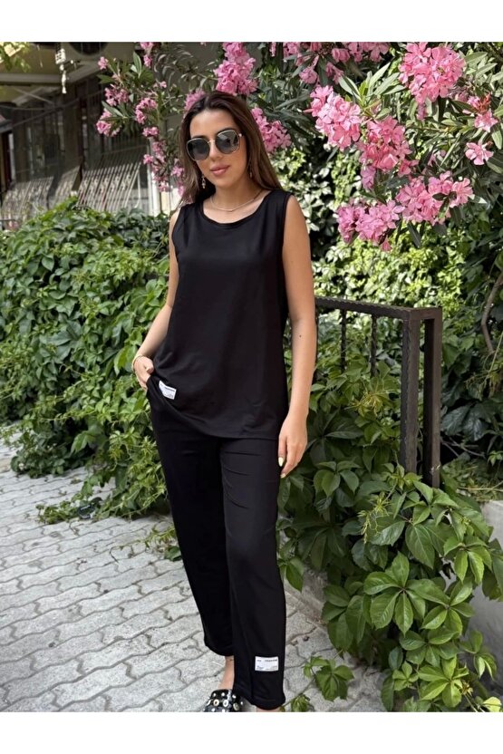 Kadın Askılı Yuvarlak Yaka Viskon Iki Iplik Bluz Ve Eşofman Altı Ikili Takım