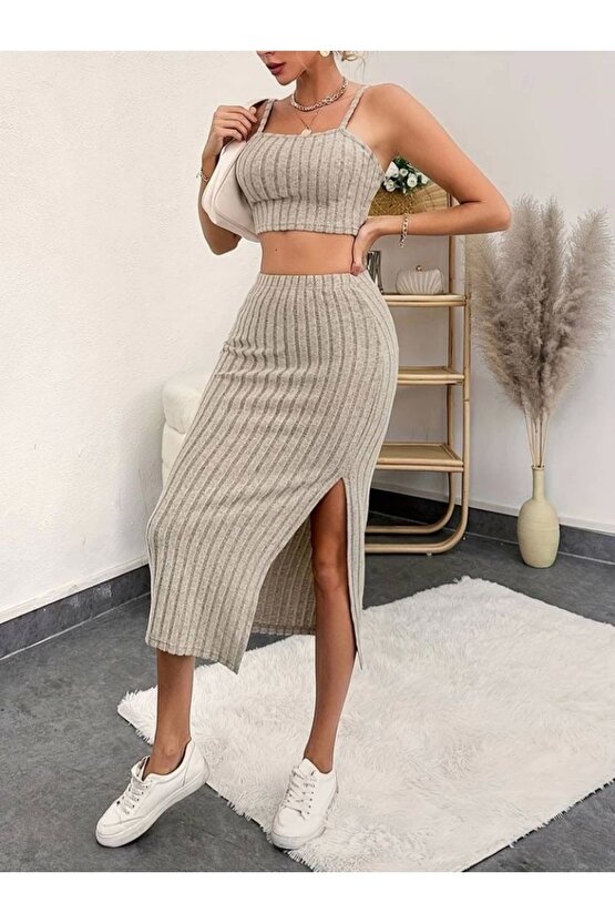 Kadın Kolsuz Askılı Crop Yırtmaçlı Midi Etek Fitilli Kaşkorse Takım