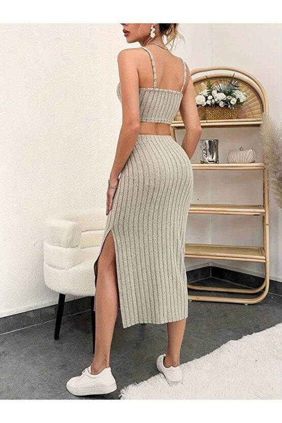 Kadın Kolsuz Askılı Crop Yırtmaçlı Midi Etek Fitilli Kaşkorse Takım