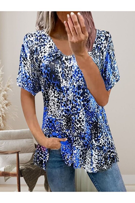 Moda Shop & Butik Kadın V Yaka Renkli Leopar Desen Büzgü Detay Süprem Bluz