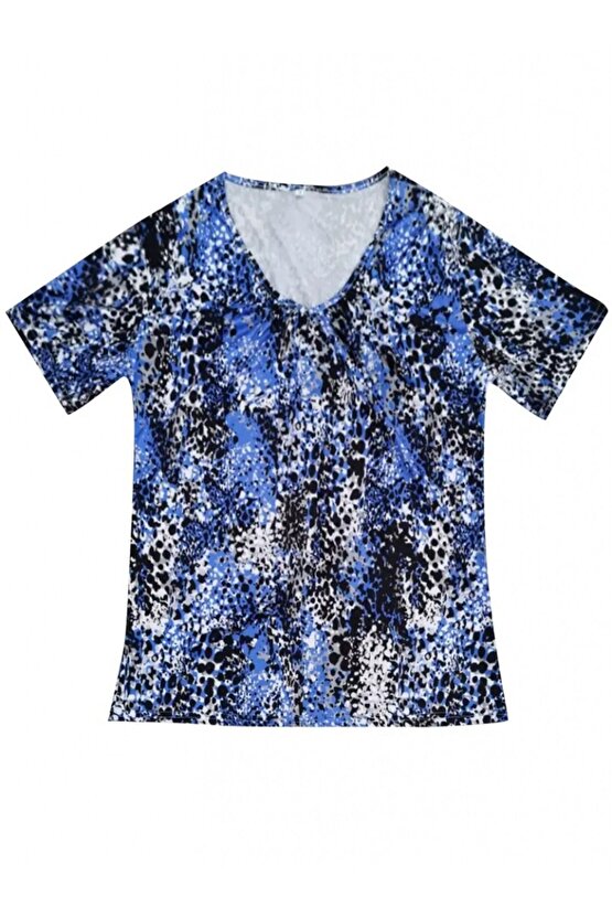 Moda Shop & Butik Kadın V Yaka Renkli Leopar Desen Büzgü Detay Süprem Bluz