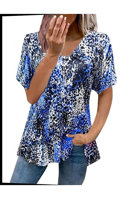 Moda Shop & Butik Kadın V Yaka Renkli Leopar Desen Büzgü Detay Süprem Bluz