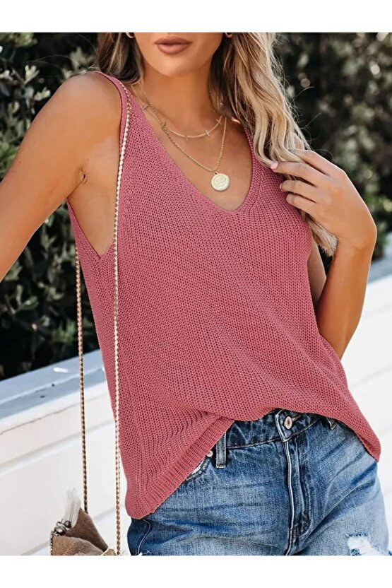 Moda Shop & Butik Kadın Kolsuz V Yaka Kalın Askılı Triko Bluz