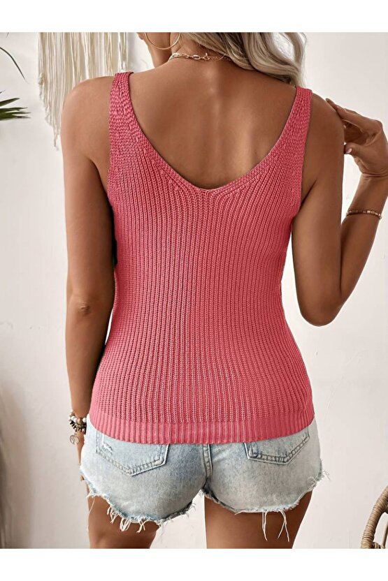 Moda Shop & Butik Kadın Kolsuz V Yaka Kalın Askılı Triko Bluz