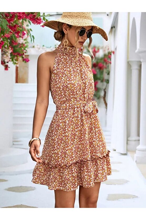 Kadın Eteği Volanlı Halter Yaka Süprem Elbise