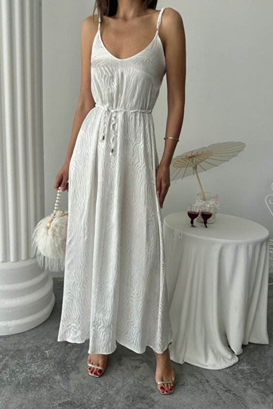 Moda Shop & Jakar Saten Degaje Askılı Elbise Ip Kemerli - Beyaz
