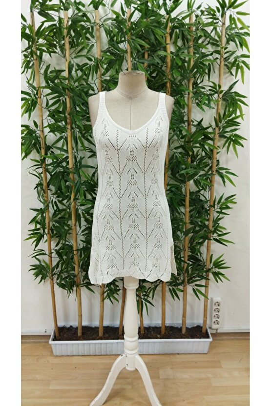 Moda Shop & Butik Kadın Askılı Desenli Yandan Yırtmaçlı Triko Elbise