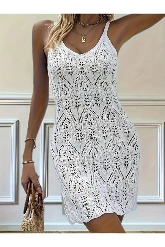 Moda Shop & Butik Kadın Askılı Desenli Yandan Yırtmaçlı Triko Elbise