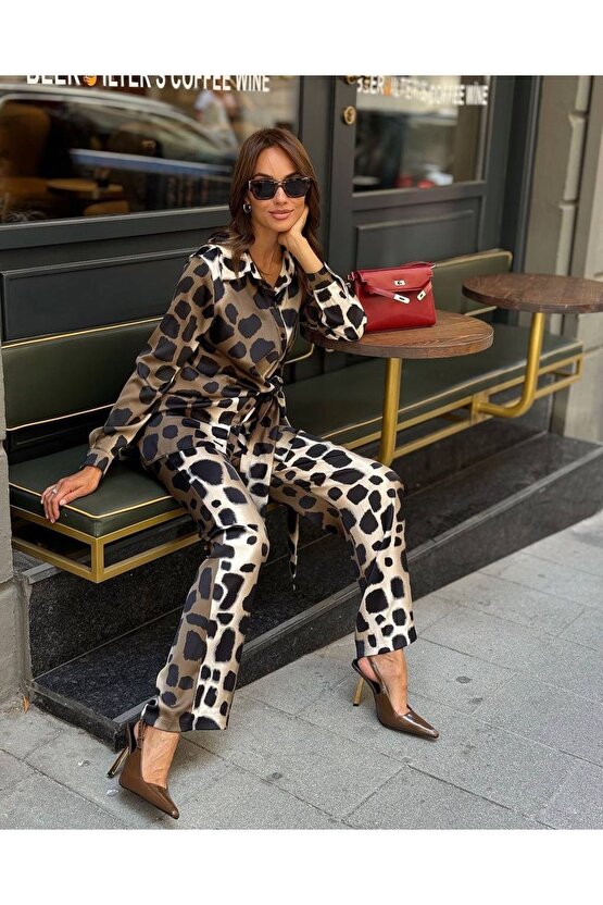 KADIN İTHAL SATEN KUMAŞ LEOPAR DİJİTAL BASKILI İKİLİ TAKIM