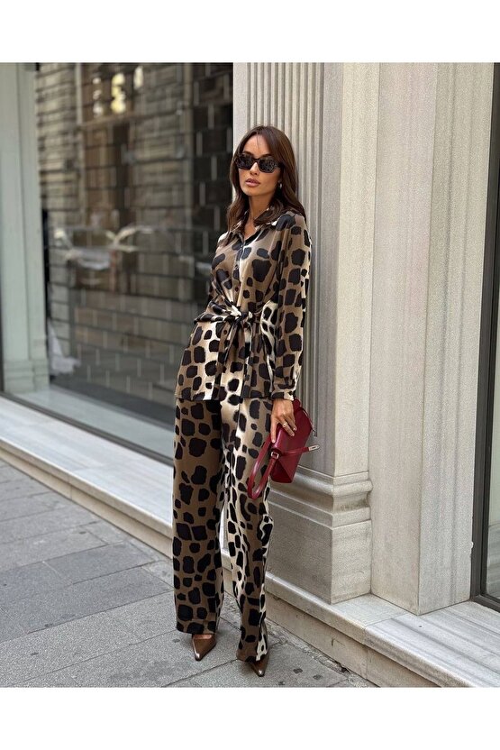 KADIN İTHAL SATEN KUMAŞ LEOPAR DİJİTAL BASKILI İKİLİ TAKIM