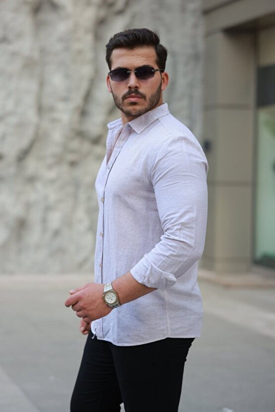 Erkek çizgi Desenli Uzun Kollu Pamuklu Keten Gömlek - XL - Taba