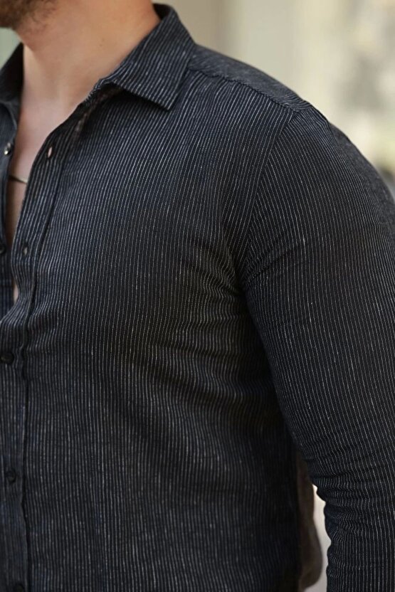 Erkek Çizgi Desenli Uzun Kollu Pamuklu Keten Gömlek