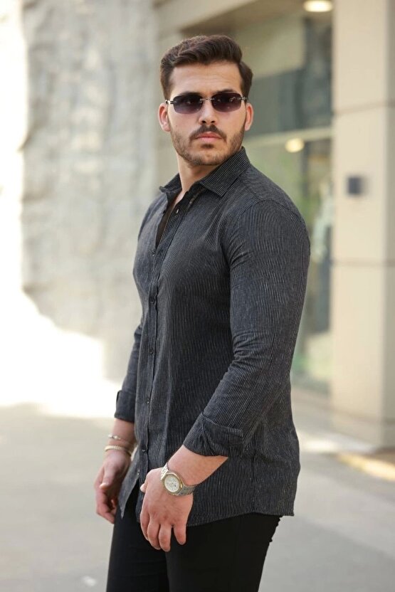 Erkek Çizgi Desenli Uzun Kollu Pamuklu Keten Gömlek