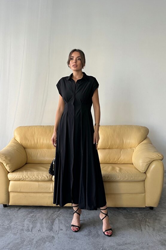 KOLSUZ VATKALI ÖNDEN DÜĞMELİBEL PENS DETAYLI POPLİN ELBİSE - Siyah