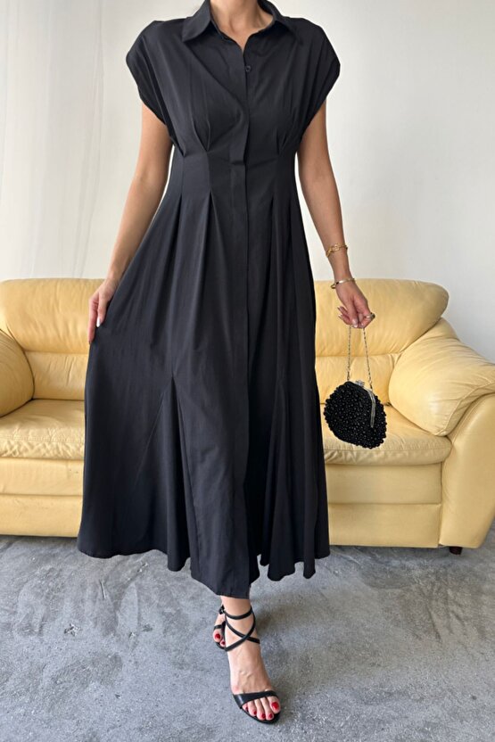 Moda Shop & Kolsuz Vatkalı Önden Düğmelibel Pens Detaylı Poplin Elbise - Siyah