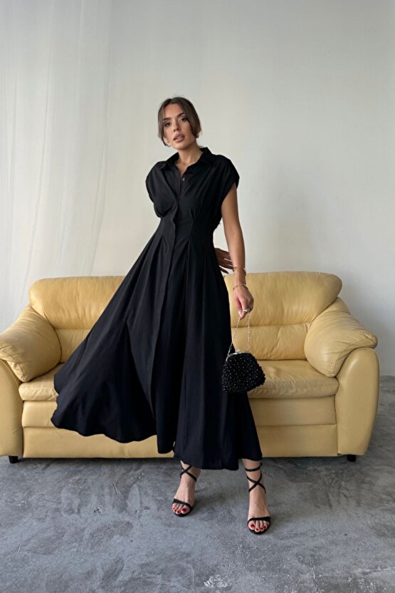 Moda Shop & Kolsuz Vatkalı Önden Düğmelibel Pens Detaylı Poplin Elbise - Siyah