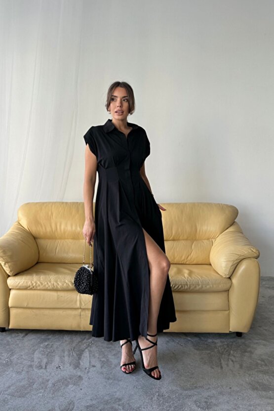 Moda Shop & Kolsuz Vatkalı Önden Düğmelibel Pens Detaylı Poplin Elbise - Siyah