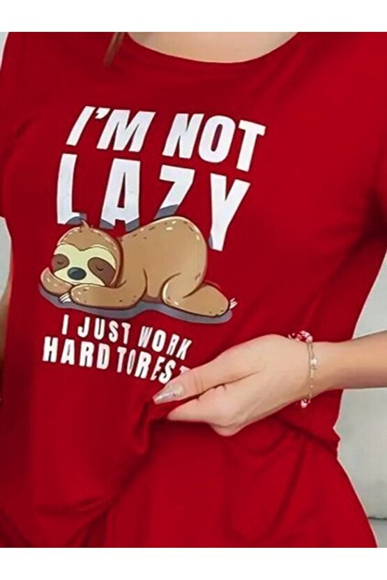 Kadın Kısa Kollu Bisiklet Yaka Baskılı Viskon Bluz Ve şort Ikili Takım - 2XL-3XL - Kırmızı