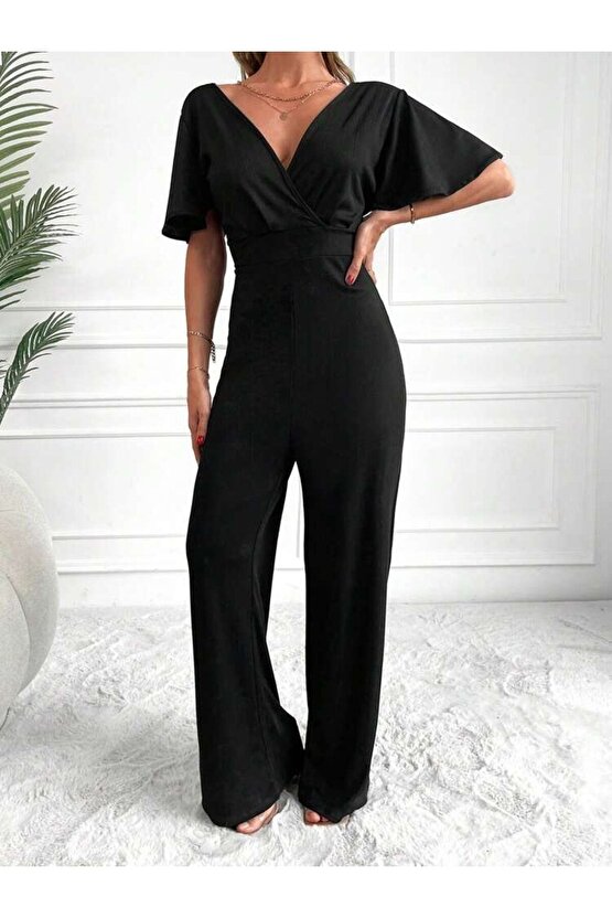 Moda Shop & Butik Kadın Kısa Kollu Kruvaze Yaka Sırt Dekolteli Pegasus Kumaş Tulum