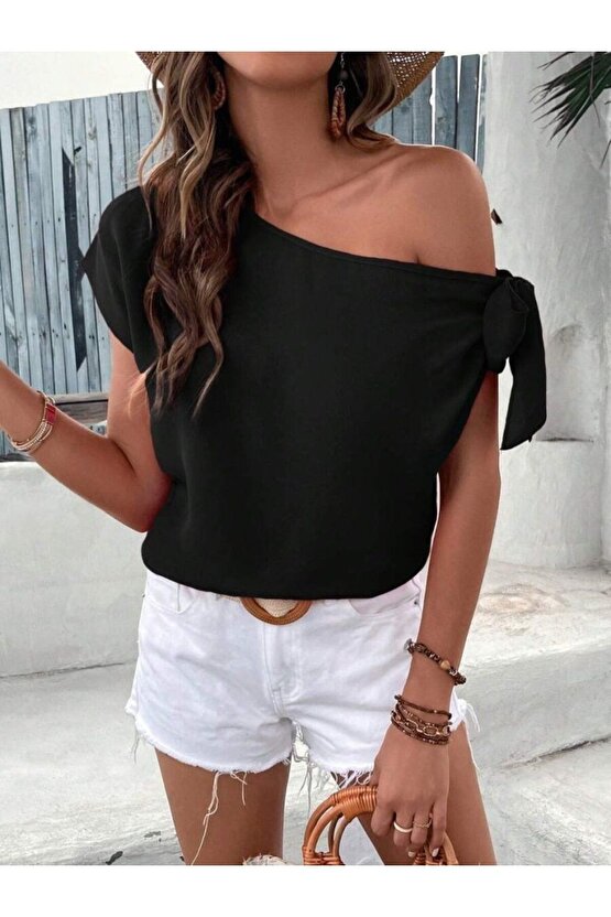 Kadın Tek Omuzu Açık Koldan Bağlamalı Janjan Krep Bluz