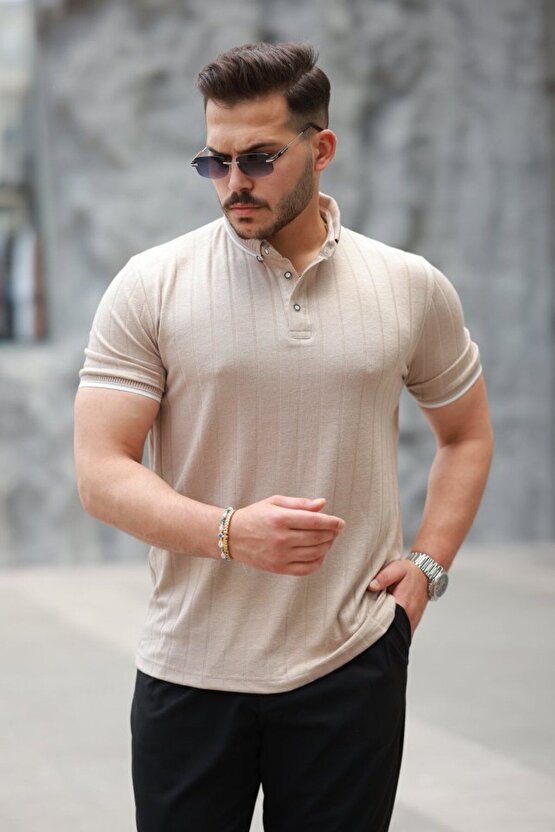 Moda Shop & Butik Erkek Düğme Yakalı Jakar Kumaş Kısa Kollu Tişört