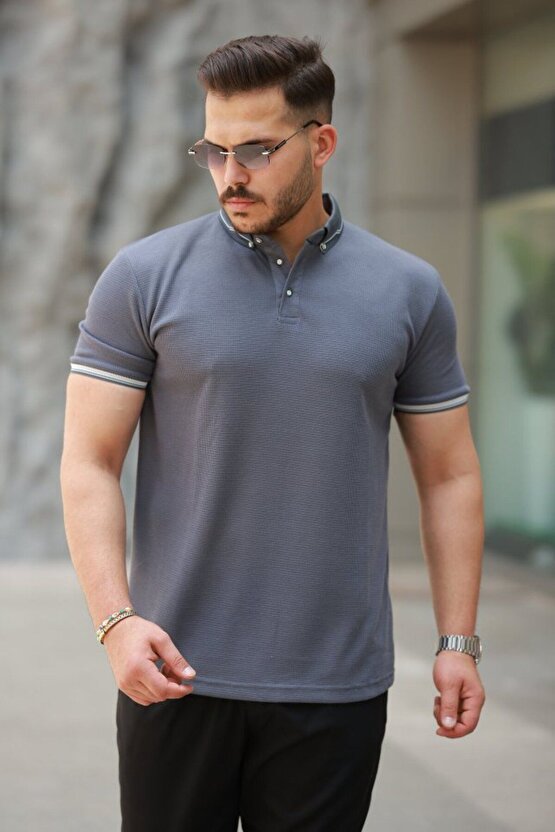 Moda Shop & Butik Erkek Düğmeli Yaka Waffle Kumaş Kısa Kollu Tişört