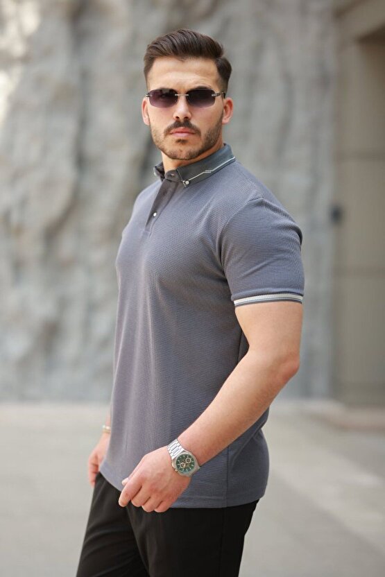 Moda Shop & Butik Erkek Düğmeli Yaka Waffle Kumaş Kısa Kollu Tişört