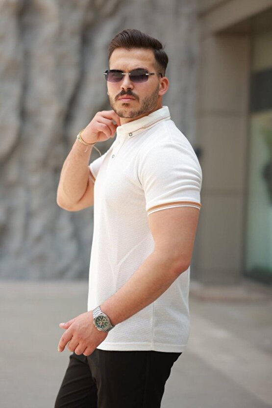 Moda Shop & Butik Erkek Düğmeli Yaka Waffle Kumaş Kısa Kollu Tişört