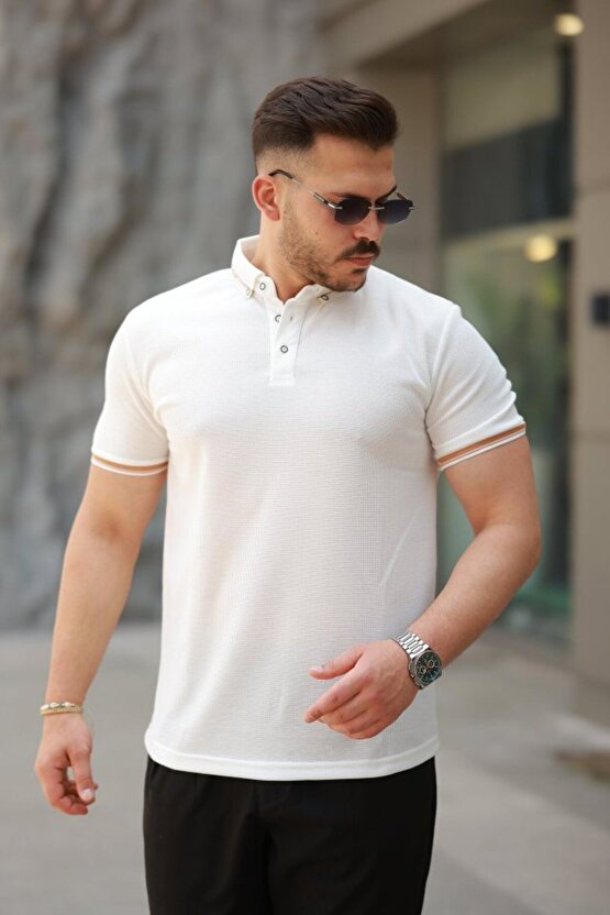 Moda Shop & Butik Erkek Düğmeli Yaka Waffle Kumaş Kısa Kollu Tişört