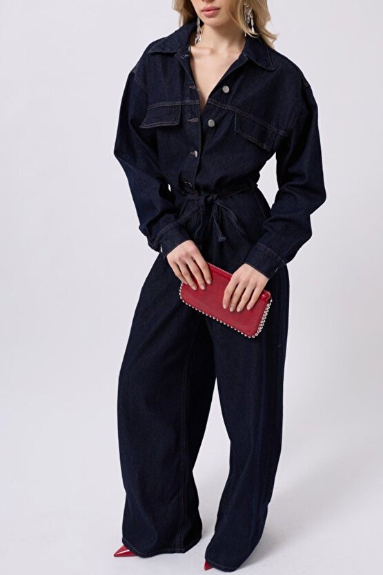 Gelirr Düğme Detaylı Denim Tulum
