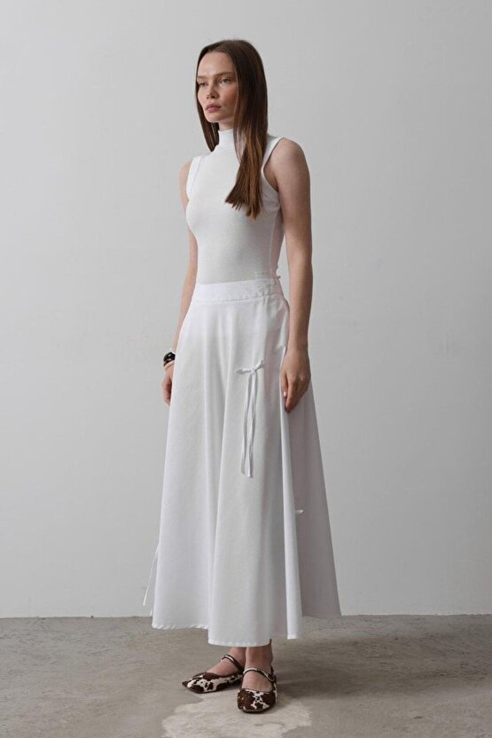 Moda Shop & Butik Fiyonk Kloş Etek - Beyaz