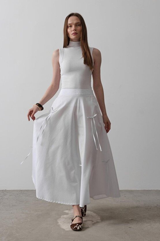 Moda Shop & Butik Fiyonk Kloş Etek - Beyaz