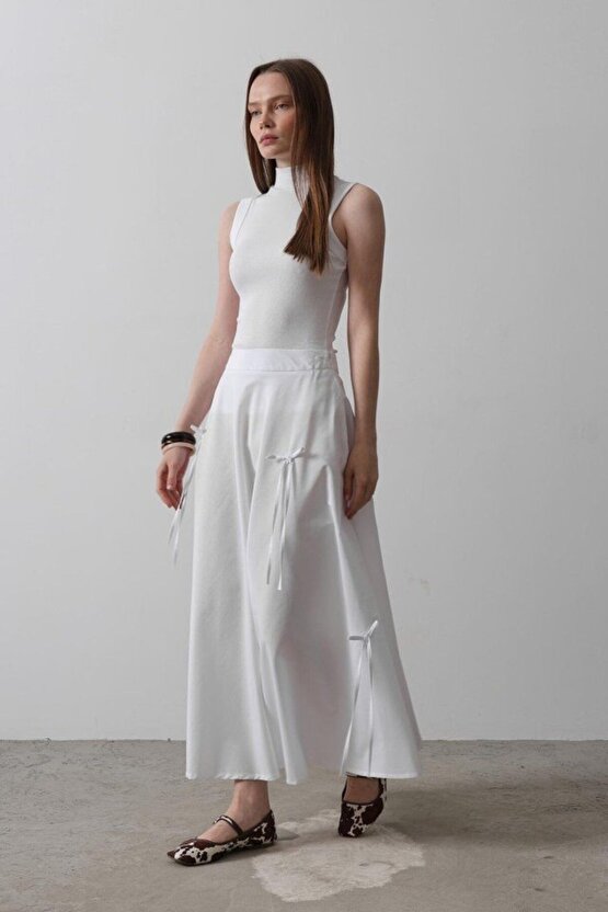 Moda Shop & Butik Fiyonk Kloş Etek - Beyaz