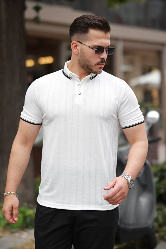 Moda Shop & Butik Erkek Düğme Yakalı Jakar Kumaş Kısa Kollu Tişört