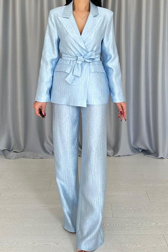 eyesof Mavi Beli Kuşaklı Ceket Ve Pantolon Parlak Takım