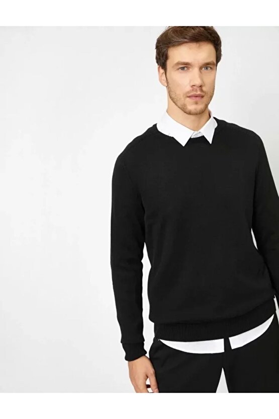 Unisex Uzun Kol Biskilet Yaka Dokuma Triko - Siyah
