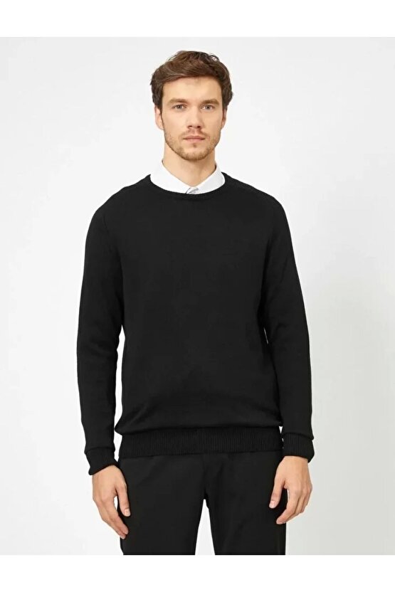 Unisex Uzun Kol Biskilet Yaka Dokuma Triko - Siyah