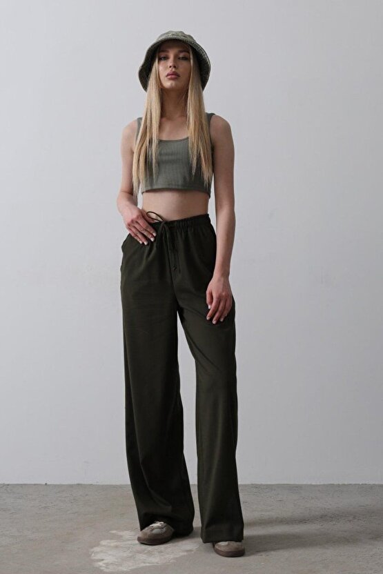 Mottisfashion Beli Lastikli Bol Paça Pantolon - Haki