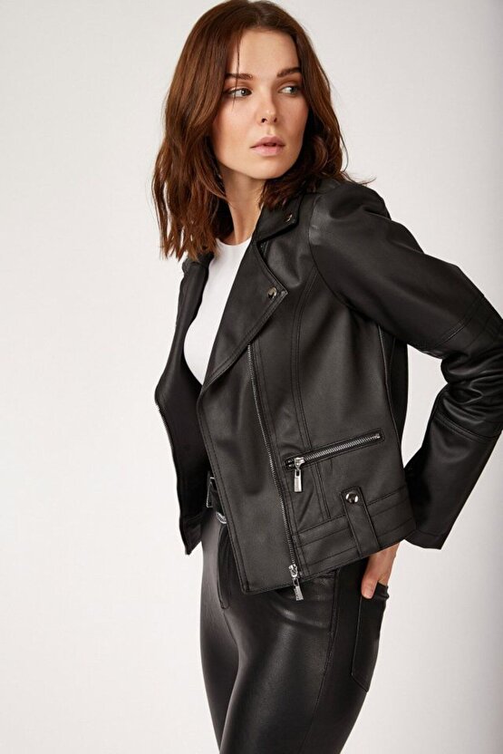 Moda Shop & Butik 1025 Suni Deri Biker Ceket - Siyah