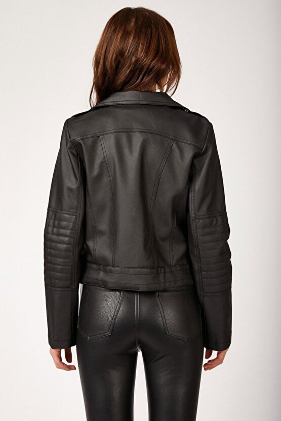 Moda Shop & Butik 1025 Suni Deri Biker Ceket - Siyah