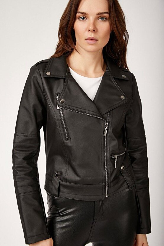 Moda Shop & Butik 1025 Suni Deri Biker Ceket - Siyah