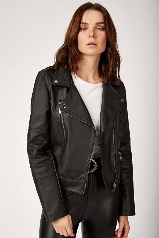 Moda Shop & Butik 1025 Suni Deri Biker Ceket - Siyah
