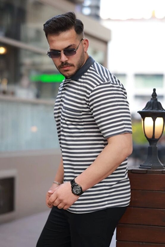 Erkek Yakalı çizgili Kısa Kollu T-shirt