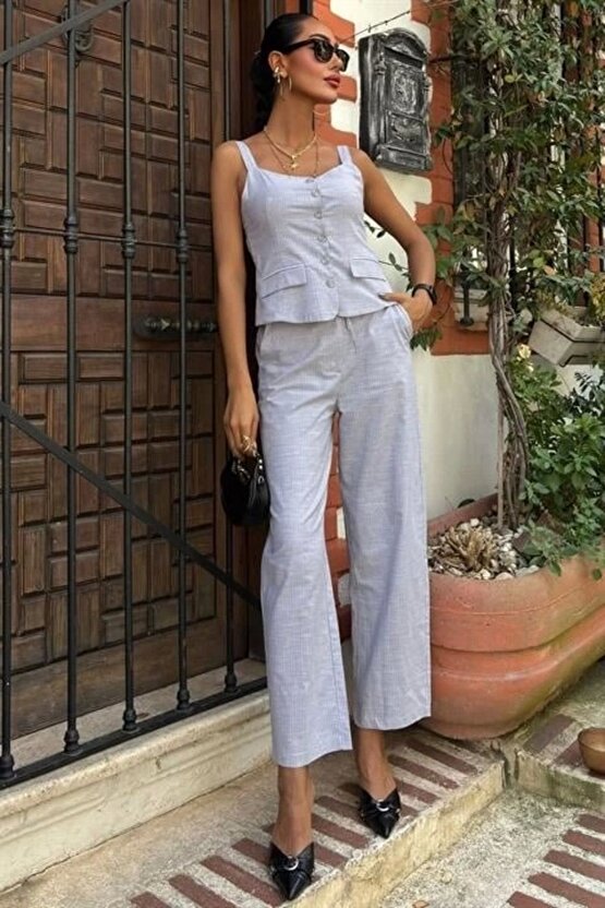 Kalın Askılı Bluz Pantolon Keten Takım 10187