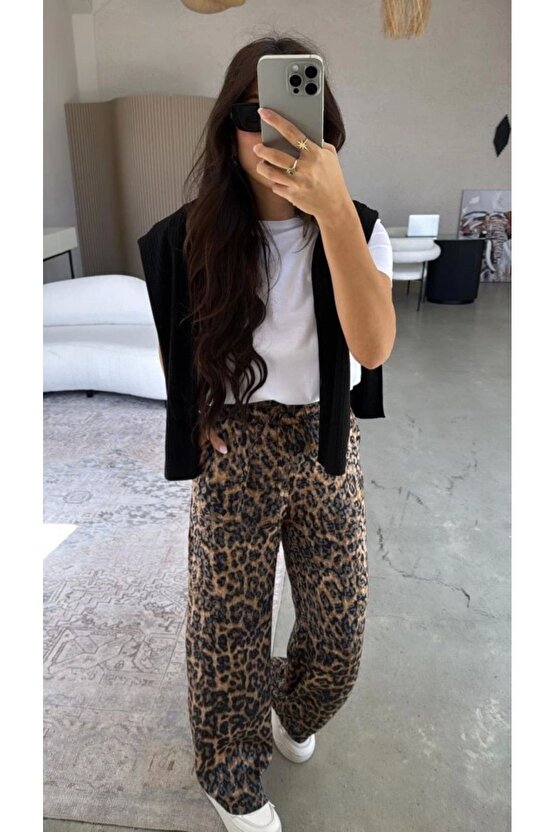 Kadın Saten Kumaş Leopar Desenli Pantolon