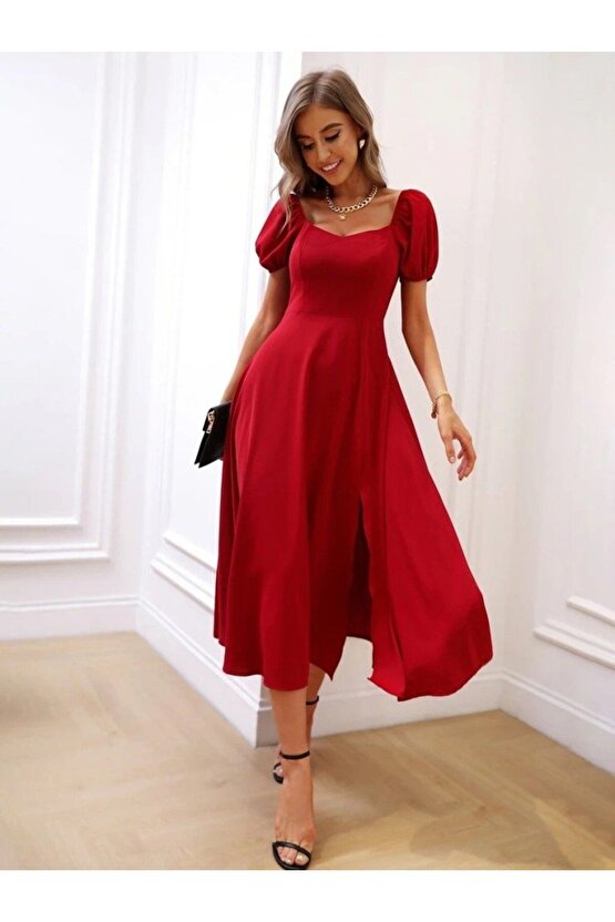 Mottisfashion Kadın Kısa Kollu Kare Yakalı Yırtmaçlı Midi Janjan Krep Elbise