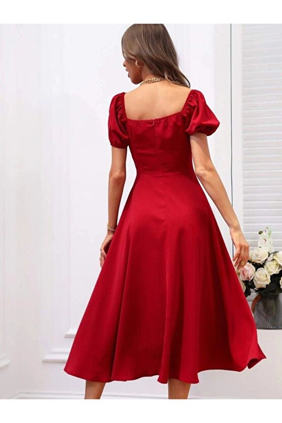 Mottisfashion Kadın Kısa Kollu Kare Yakalı Yırtmaçlı Midi Janjan Krep Elbise