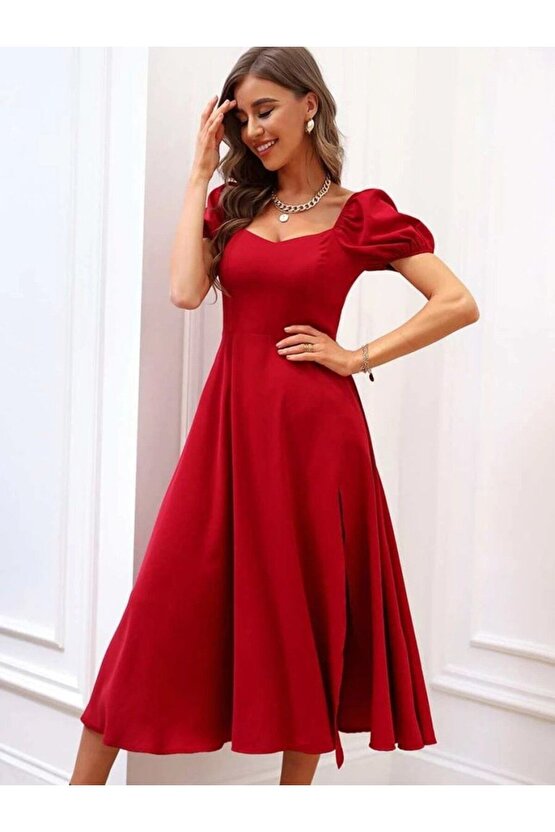 Mottisfashion Kadın Kısa Kollu Kare Yakalı Yırtmaçlı Midi Janjan Krep Elbise